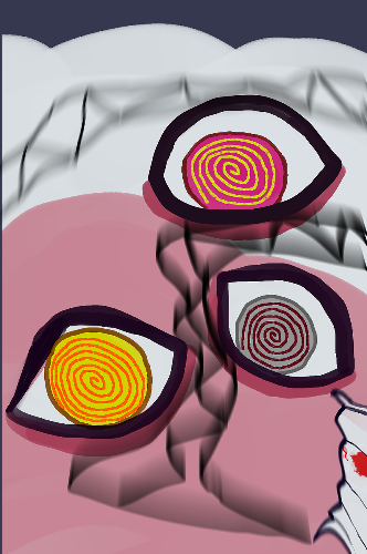 One type of Psyche. An immense fog containing three Spectral-looking eyes, gold, silver and fuschia akin to the triplets are eerie with a dizzying spiral in each eye, staring down at someone with running cartoonish fanged teeth and a bloodied eerie semi-realistic jaw starting to separate from the fog.
